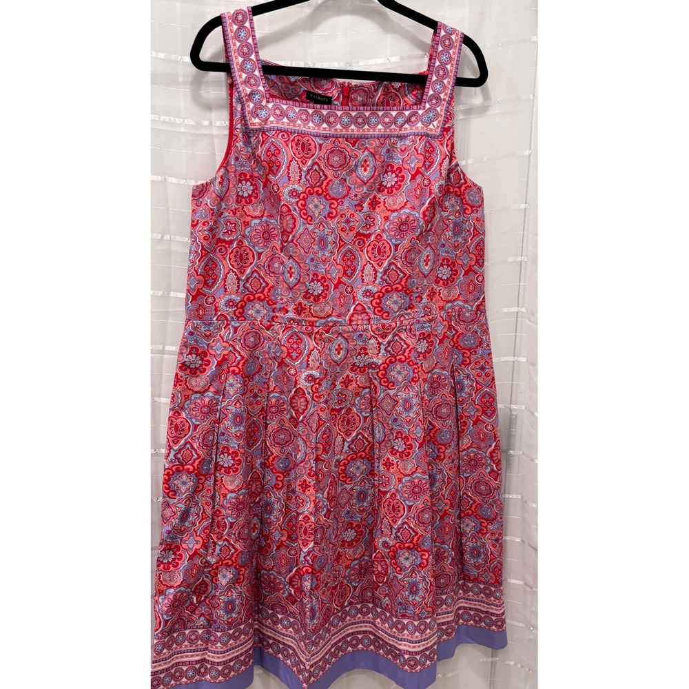 Talbots Red Purple Paisley Medallion Cotton Square Neck Pleated Dress Size 16